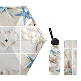 Oyihfvs Seashell Starfish Drift Bottle Lighthouse Boat on Beach Sand 5 Folding Ultra-Light Umbrella, Small Mini Anti-UV Compact Travel Umbrella, 6 Ribs Pocket Windproof Foldable Vinyl Parasol