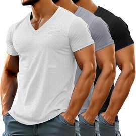 Huukeay 3 Pack Men's Big and Tall Quick Dry Shirts, Short Sleeve Dry Fit Tops V Neck Mesh Moisture Wicking Athletic Tees(Black, Light Gray, White,5X-Large)