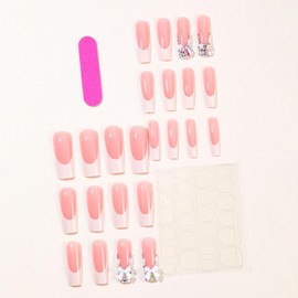 Long Press on Nails French Tip Fake Nails 3D Flower Bow Charms Stick on Nails Long Square Acrylic Nails Cute Design False Nails Reusable Artificial Nails Glossy Glue on Nails for Women 24Pcs