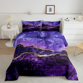 Purple Marble Bedding Set Abstract Gold Purple Comforter Set,Iridescent Ink Fluid Art Down Comforter Marbling Modern Luxury Elegant Art Decorative Bed Quilt Patchwork Style Bedroom Decor King