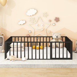 Queen Size Floor Bed Frame for Kids, Metal Montessori Floor Bed with Rails and Door, Queen Size Bed Frame with Fence-Shaped Guardrails, Floor Queen Bed for Kids, Boys, Girls, Black