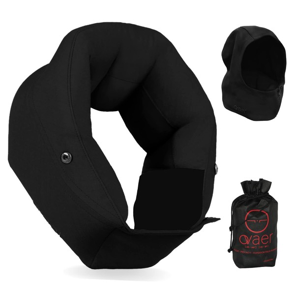 Ovaer Neck Pillow, Hooded, Airplane, Compact, Travel Pillow, Washable, Portable Pillow, Storage Bag Included (Pitch Black)