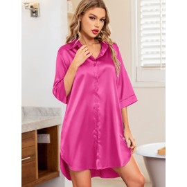 Samring Womens Sleepwear 3/4 Sleeve Nightgown Button Down Silk Satin Pajamas for Women Nightshirt Rose Red L