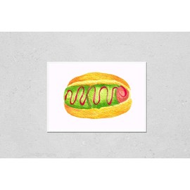Poster Reproduction of Watercolor illustration of a bun on a white background Watercolor ruddy bun with sausage in green pepper with ketchup. On paper with a well-defined texture. National Hot