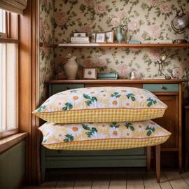 FADFAY 20"X36" Pillowcases Elegant Yellow and White Daisy Floral Pillow Shams 100% Cotton Super Soft Hypoallergenic Pillow Covers with Envelope Closure, 2Pcs, King/Cal King Size (Full Floral Pattern)