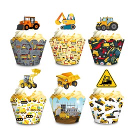 Construction Cupcake Toppers and Wrappers, Set of 24 Tractor Digger Truck Forklift Dump Bulldozer Road Roller Engineering Themed for Kids Boys Happy Birthday Baby Shower Party Supplies