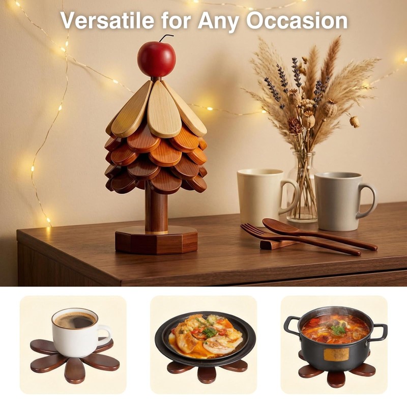 Wooden Trivets for Hot Dishes Tree Trivet Set with Apple
