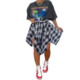 Women's Plaid Skorts Skirts - High Waisted Tie Front Pleated Summer Asymmetrical Skirt with Shorts Black White L