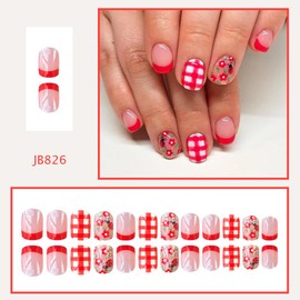 Mkwntg 24Pcs Spring Flower Press on Nails Short Square Fake Nails with Ladybug Lattice Design Red French Tip Pink Nude False Nails Summer Floral Full Cover Glossy Glue on Nails for Women Manicure DIY
