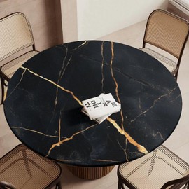 Yeylyn Round Fitted Tablecloth with Elastic Black Marble Table Cover Waterproof Wipeable, Round Elastic Tablecloth 40"-44", Circle Table Cloth for Picnic, Dining, Outdoor