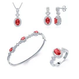 Unique Designs Oval Ruby and Diamond Accent 4 Piece Matching Set Earring Neclace Ring, Bangle