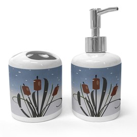 Ambesonne Cattail Soap Dispenser & Toothbrush Holder Set, Illustrated Nature Theme Reed Bush Under The Snow Dots Print Artwork, Ceramic Bathroom Toiletry Accessories, 2 Pcs, Redbrown and Ceil Blue