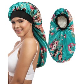 AWAYTR Long Satin Braids Bonnet for Women - 2 Layer Silk Bonnet for Braids Elastic Hair Sleeping Cap with Wide Band Nightcap (Flower(Green))