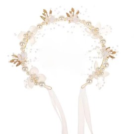 2Pcs Flower Girl Headpiece Set for Girls Bride Gold Wedding Hair Accessories Princess Crystal Pearl Flower Headband Goddess Fairy Beaded Wristband (White, One size)