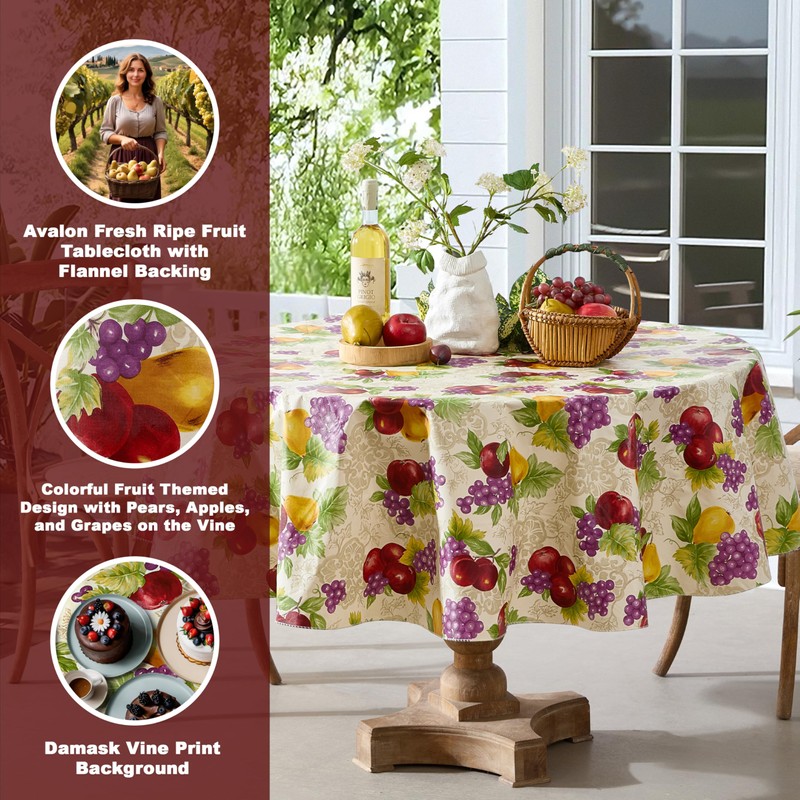 Avalon Fruit Pattern Indoor/Outdoor Flannel Backed Vinyl Tablecloth - 70"
