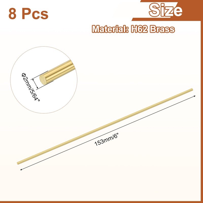 sourcing map 8 Pcs 5/64"(2mm) Dia Brass Solid Round Rod,