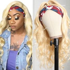 613 Blonde Human Hair Headband Wig Glueless Wig No Lace With Headband 130% Density Hair Wigs Blonde Color Body Wave Human Hair Wigs 22 Inch For Women Blonde Color