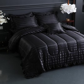 Bedorm Black Satin Comforter Set Black Stripe Bedding Set Extra Soft Silky Bedding Queen Size Bed in a Bag with Satin Striped Sheet Set and Rich Silk Like Comforter Set