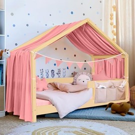 House Bed Canopy Decoration Set, Bed Canopy House Bed Made of Muslin - 1 Bed Canopy & 11 Bunting Chains for Boys Girls Decoration for Children's Room, Canopy Children's Room Decoration I 135 x 360 cm