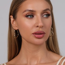 OOOPEL Gold Large Heart Hoop Earrings for Women Big 3D Laser-Cut Love Heart Earrings Hypoallergenic 14K Gold Heart Earrings Thin Minimalist Ligheweight Heart Shaped Hoops