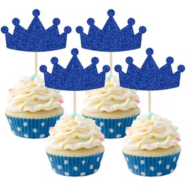Ephlyn - 24 piezas de adornos de corona para cupcakes con purpurina y corona Queen para decoración de tartas, decoración de tartas, decoración de bodas, cumpleaños, color azul oscuro