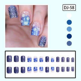 Christmas Press on Nails Short Square Blue French Tip Fake Nails with Glitter Glue on Nails Full Cover Artificial Snowflake False Nails Stick on Nails Coffin Shaped for Women Acrylic Manicure Decor