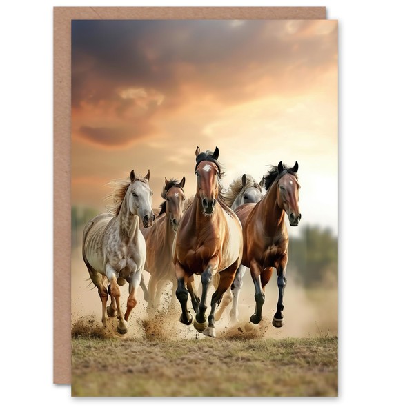 Artery8 Greeting Card Wild Horses Galloping Open Field Sunset Clouds
