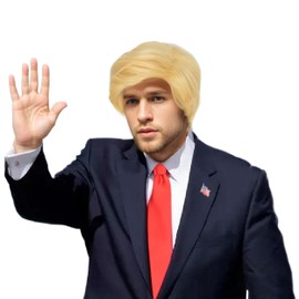 Yan Dream 4pcs Men Short Straight Blonde Wig with Flag Pin and Red Tie Man Funny Wigs