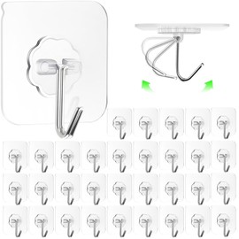 ZESLMG Adhesive Hooks Wall Hooks for Hanging, 32 Pack Heavy Duty Self Sticky Hooks 22lb(Max) Stainless, Waterproof Oilproof Utility Hooks for Coat Keys Bathroom Shower Kitchen Wardrobe Outdoor, Clear