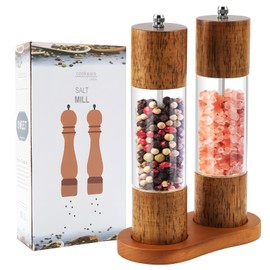Sonhomay Salt And Pepper Grinders Set, 8" Salt And Pepper Shakers Refillable, Manual Salt and Pepper Mill Pack of 2, Wooden and Acrylic Pepper Shakers with Adjustable Ceramic Core