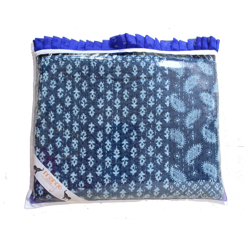 Mango Gifts Indigo Color Hand Block Printed Kantha Quilt, Queen