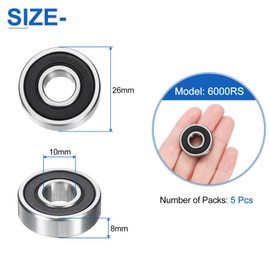 uxcell 5pcs 6000RS Deep Groove Ball Bearings 10 x 26 x 8mm High Carbon Steel Double Sealed Bearings for Electric Motor, Home Appliances, Garden Machinery, Silver Tone
