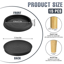 Lainballow 15Pcs Non Slip Furniture Pads, Rubber Furniture Coasters, 2.5'' Furniture Leg Protectors, Round Black Furniture Caster Cups, Anti Slip Floor Protector for Chair Bed Sofa Table Cabinet Piano