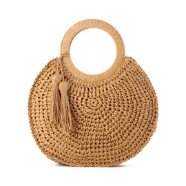 EVEOUT Women's Round Straw Handbag Summer Fashion Crochet Beach Bag with Bamboo Handle Handwoven Clutch Handbag, Light Brown 02