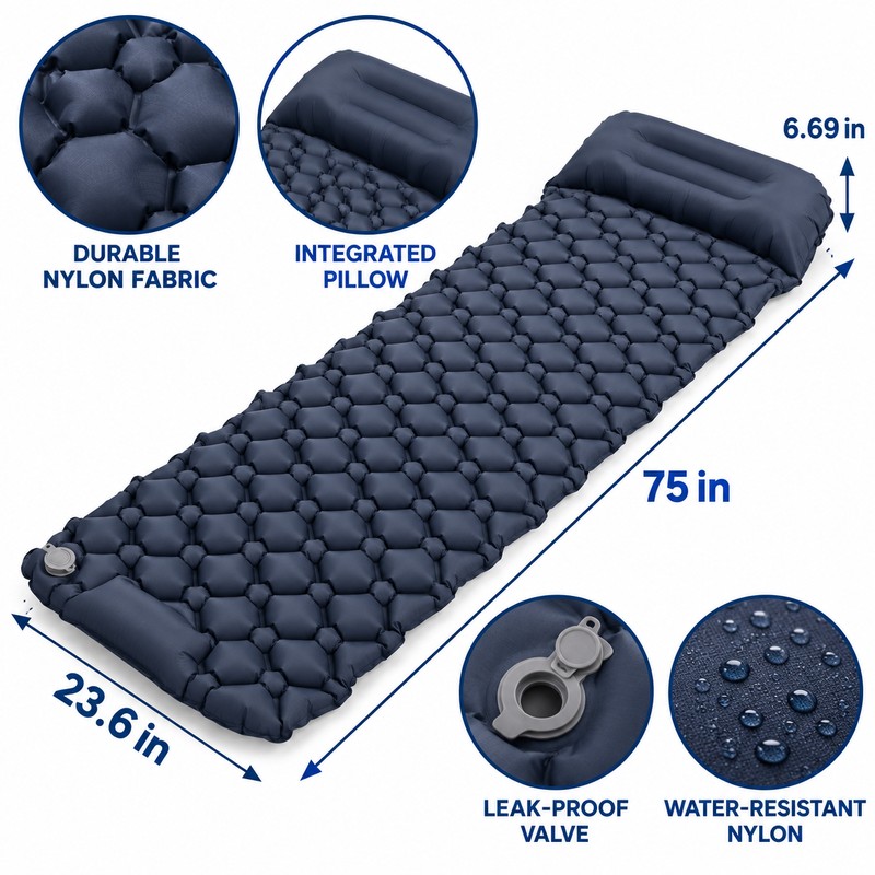 Inflatable Camping Sleeping Pad with Pillow – Self-Inflating Air Cushion