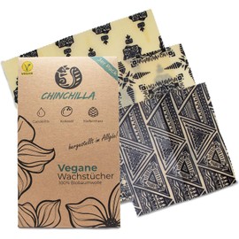 Chinchilla® Pack of 3 Vegan Oilcloths, Plastic-Free Alternative to Cling Film, Freezer Bags, Aluminium Foil, Reusable and Sustainable, Vegan Beeswax Cloths, Wax Wrap
