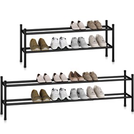 STORAGE MANIAC Long Expandable Shoe Rack, 12 Pairs Metal Wide Stackable Shoe Rack, Adjustable Shoes Shelf, Freestanding Shoes Organizer for Closet, Entryway, Hallway, Garage, Front Door, 2 Tiers