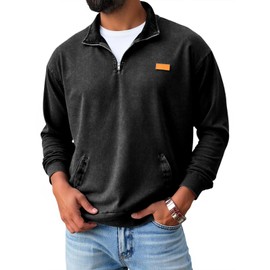 Yousify Mens Distressed Quarter Zip Casual Sweatshirts Long Sleeve Stand Collar Lightweight Cotton Fall Pullover with Pockets Black