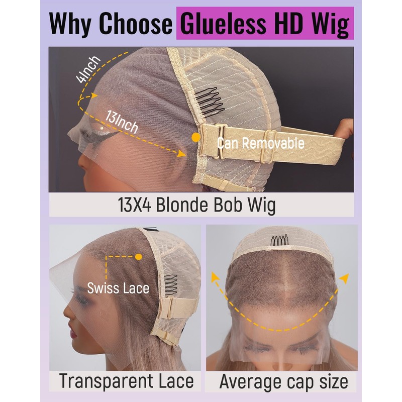 Ash Blonde Bob Wig Human Hair Pre Plucked Lace Front