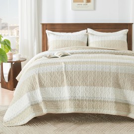 Andency Queen Quilt Bedding Set Beige, 3 Pieces Patchwork Beige Striped Ultra Soft Lightweight Bedspreads, Coverlets Set with 2 Pillow Shams for All Seasons (90"x96")
