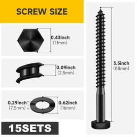 (15Sets) 1/4" x 3-1/2" Hex Head Lag Bolts, Heavy Duty Lag Screws with Washers, 304 Stainless Steel Bolts 18-8, Lag Screws Wood Screws, Partial Thread Black Oxide, 1/4 Bolt by Mywish