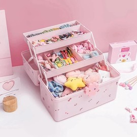 Caja de almacenamiento de accesorios para el cabello, Organizador de accesorios para el cabello para niñas - Caja de almacenamiento de joyas para niños de 3 capas | Soporte para lazos para el pelo par