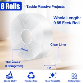 Double Sided Tape Heavy Duty Removable 1 Inch x 9.85 FT x 8 Rolls, Clear & Tough Nano Tape, Multipurpose Mounting Tape for Walls, Bathroom, Carpets,Posters,Photo,Kitchens,Mats(Large Quantity-8Rolls)