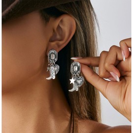 Silver Western Cowgirl Hat Boot Earrings for Women Turquoise Cactus Boots Star Heart Earrings Boho Country Dorp Dangle Earrings Vintage Western Jewelry Gift for Women (Heart)