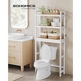 SONGMICS Over The Toilet Storage, 3-Tier Bamboo Over Toilet Bathroom Organizer with Adjustable Shelf, Fit Most Toilets, Space-Saving, Easy Assembly, Simply White and Natural Beige UBTS001W02