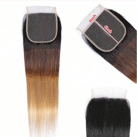 Volvetwig Highlight 4X4 Lace Closure Human Hair Straight 18 Inch Brown Mix Blonde 150% Density Pre Plucked Hairline Transparent 4X4 Highlight Lace Closure