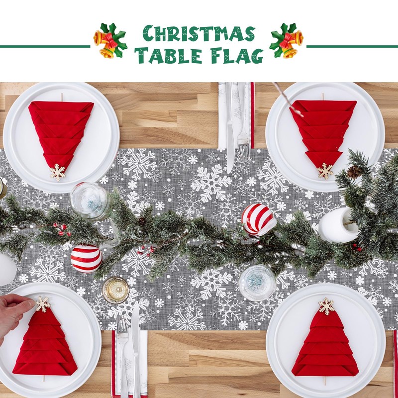 Silver Snowflake Table Runner, 27*275cm/11*108inch Glitter Xmas Long Table Runner