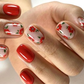 Short Square Press on Nails Cute Spring False Nails with Flower Leaf Gliiter Design Nails Press ons Red Pink Full Cover Glue on Nails Glossy False Nails Artificial Stick on Nails for Women 24Pcs