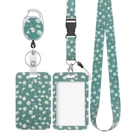 Uniclife Floral Sliding Badge Holder White Daisy Plastic Case with Retractable Badge Reel Carabiner Clip & Detachable Lanyard Strap Fashionable Vertical Card Protector for Women Teacher Student Green