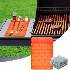 Silicone Grill Mat for Blackstone, Side Shelf Mat Grill Pad with Wire Cloths Silicone Griddle Tools Mat with Drip Pad Spatula Mat Grill BBQ Utensils Holder for Outdoor Grill Kitchen Counter